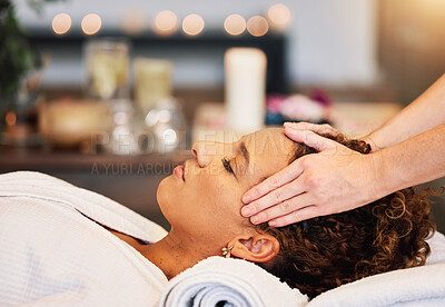 Head massage, woman and relax at spa, facial wellness and luxury zen therapy, reiki and cosmetics skincare. Calm female face, forehead and cosmetology for peace, detox and dermatology at beauty salon