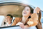 Couple, road trip and smile out car window on road for drive, transport or summer adventure. Man, woman and happy while driving, street or journey with happiness on travel, holiday or vacation in sun