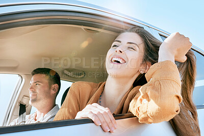 Buy stock photo Couple, road trip and smile out car window on road for drive, transport or summer adventure. Man, woman and happy while driving, street or journey with happiness on travel, holiday or vacation in sun