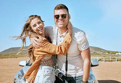 Buy stock photo Couple, hug and road trip on a summer desert holiday together with love, smile and adventure. Portrait of a happy couple about to travel by motor transport for vacation with freedom and happiness
