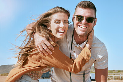 Buy stock photo Love, hug and portrait of a happy couple on road trip, vacation or adventure for summer. Happiness, fun and young man and woman embracing while on an outdoor journey or holiday together in Australia.