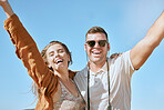 Happy, couple and travel portrait of a road trip, holiday and vacation freedom with a smile. Happy couple on a summer adventure outdoor with love hug and care in nature together with happiness