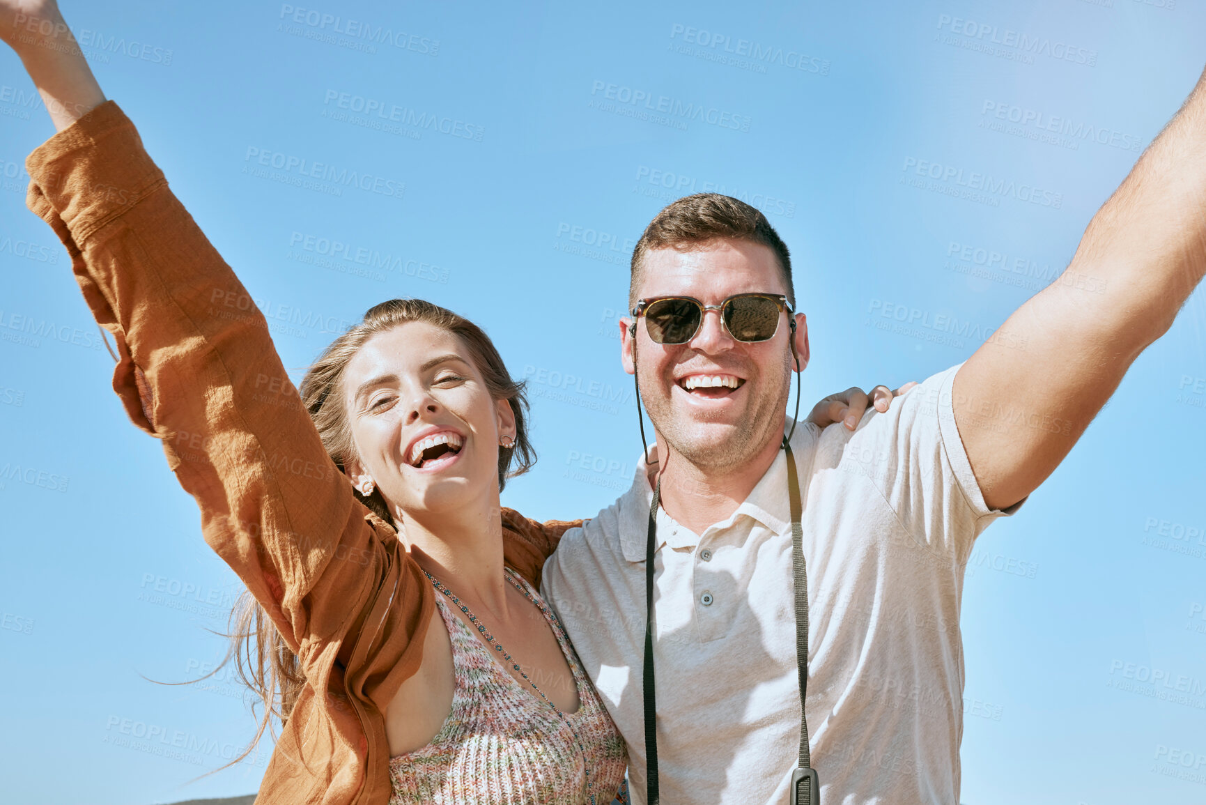 Buy stock photo Happy, couple and travel portrait of a road trip, holiday and vacation freedom with a smile. Happy couple on summer adventure outdoor with love hug and care in nature together with happiness and sky