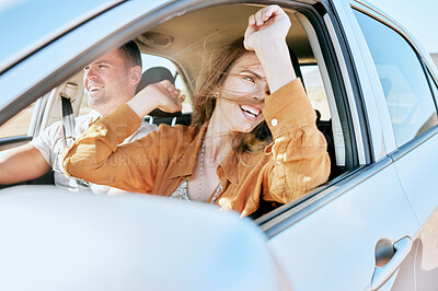 Buy stock photo Road trip, travel and couple in a car in nature for freedom, vacation and happiness together. Summer, happy and man with an excited woman with smile on a drive in the countryside with transport