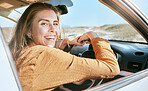 Travel, woman and in car for road trip, vacation and happy for adventure, wellness and relax outdoor. Transportation, female or girl sitting in vehicle, for travelling and content for summer holiday 