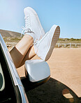 Relax, woman feet out of window and road trip in nature, enjoying freedom of travel in car on summer vacation. Blue sky, journey and shoes out of car window, adventure drive in African countryside.