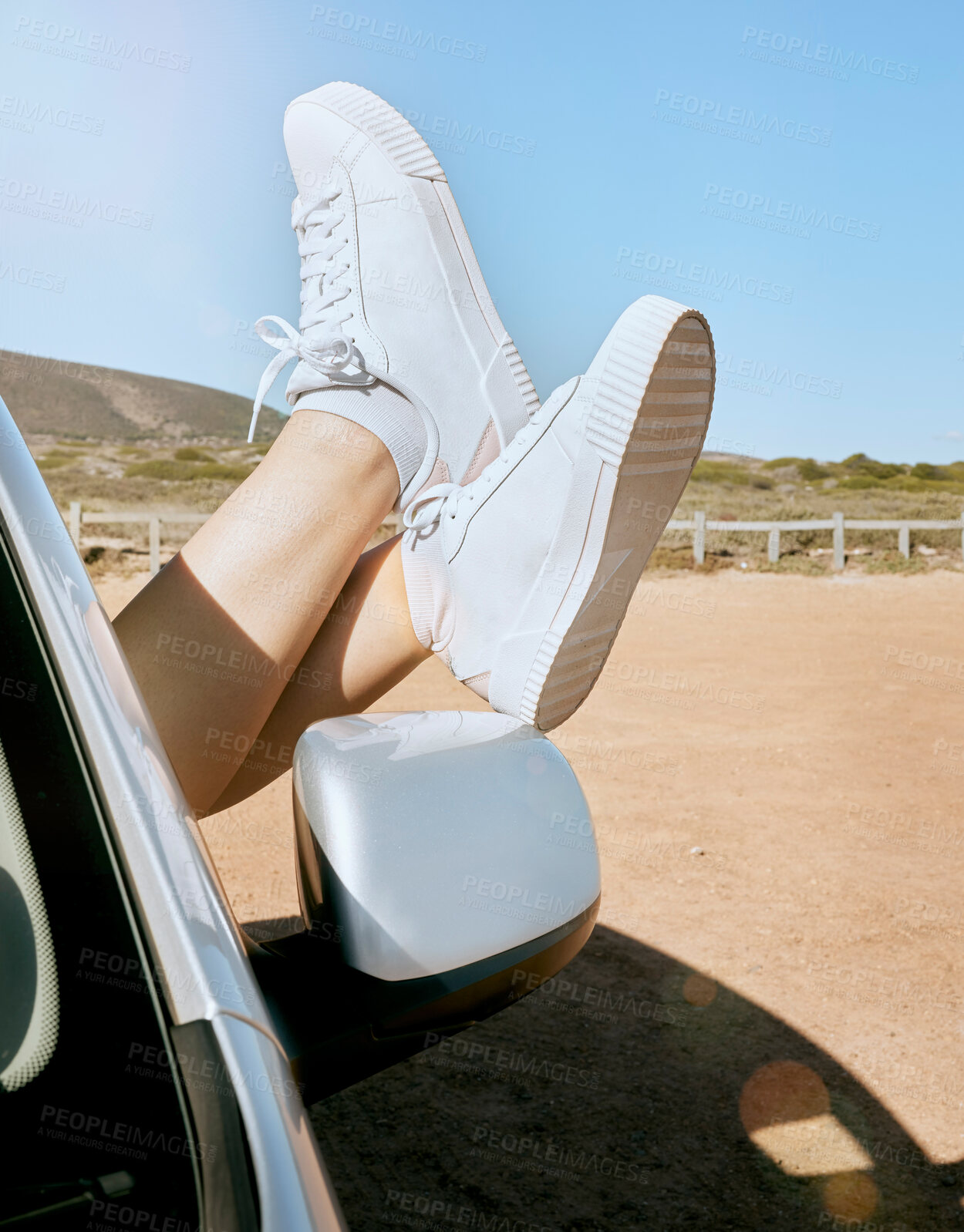 Buy stock photo Relax, woman feet out of window and road trip in nature, enjoying freedom of travel in car on summer vacation. Blue sky, journey and shoes out of car window, adventure drive in African countryside.