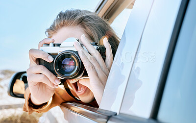 Buy stock photo Camera, car and road trip of a woman excited about holiday, adventure and motor travel transport. Photography of a happy person in transportation ready for vehicle traveling and summer vacation