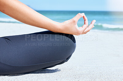 Buy stock photo Yoga, meditate and beach zen hand for chakra and wellness training by the ocean sand and sea. Woman in nature for mind health, exercise and breathing training in summer for mindfulness and balance