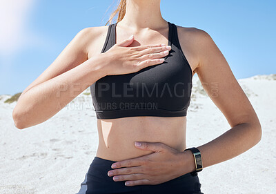 Buy stock photo Hands, body and beach with a sports woman outdoor on the sand for health, diet or lifestyle in summer. Nature, fitness and wellness with a female outside on the coast for exercise during the day
