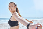 Workout, beach and portrait stretching resistance band with wellness, training and health lifestyle woman. Fitness, healthy and arm exercise of happy girl at the ocean with sky mockup.


