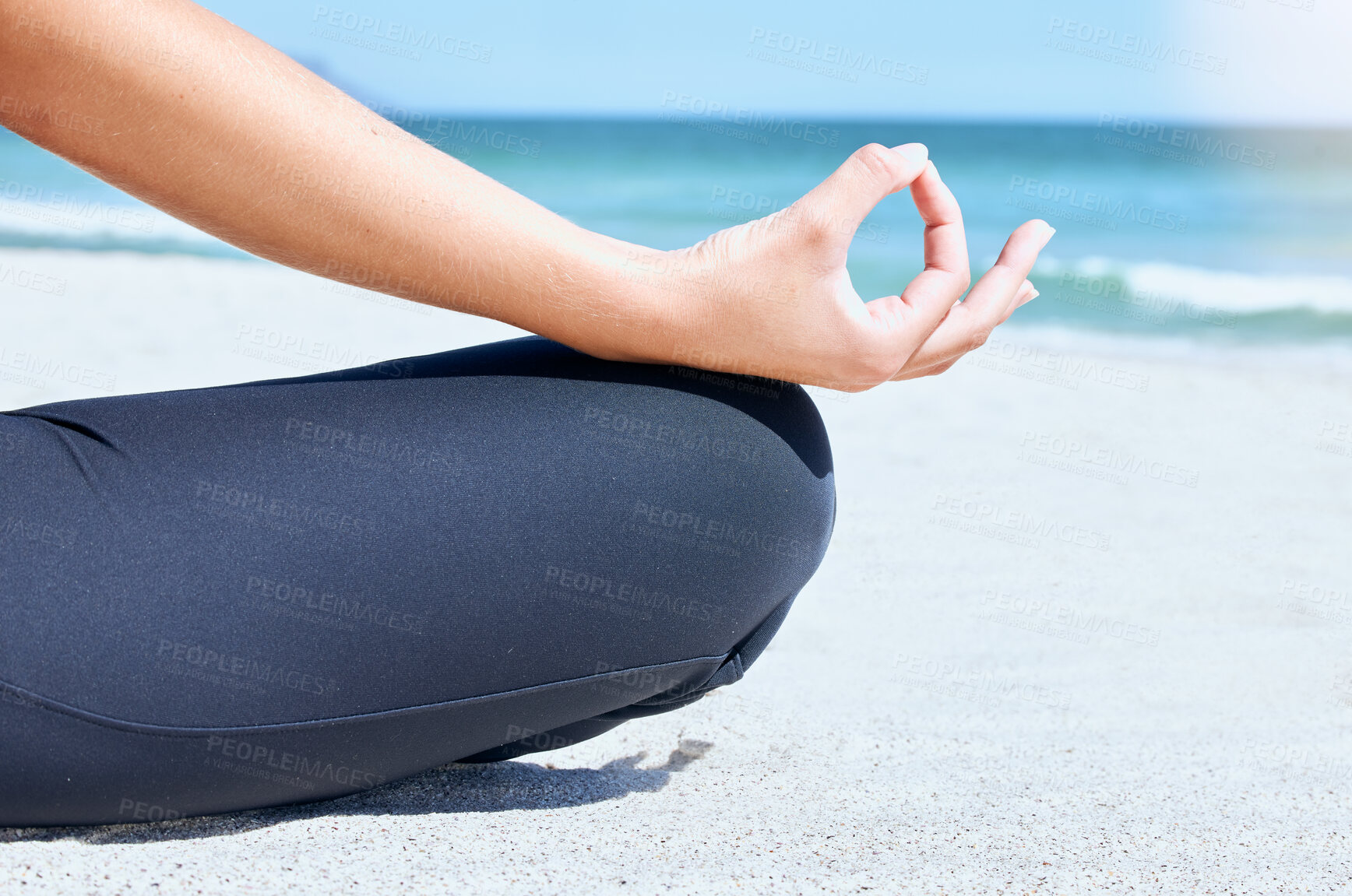 Buy stock photo Yoga, meditation and beach fitness hand of a woman with beach zen, chakra and relax exercise. Peace, mindfulness balance and training pilates hands for meditate, ocean sand and spiritual healing