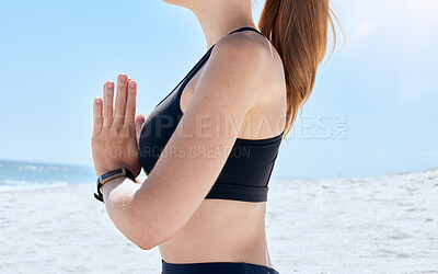 Buy stock photo Relax, zen and meditation, woman on beach with focus and peace with blue sky and waves. Peaceful mindset, freedom and spiritual health for balance and yoga, mental wellness or energy in ocean sun.