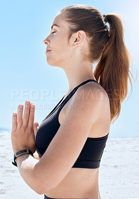 Buy stock photo Relax, yoga and meditation, woman at beach, meditate and training in nature for healthy zen lifestyle. Mental health, spiritual wellness and meditating girl at ocean, balance and focus at sea water.