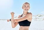 Exercise woman, stretching arm and ocean fitness, freedom and wellness, sports and training in sunshine. Happy athlete workout, body warm up at sea and healthy lifestyle, motivation and summer energy