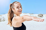 Fitness, yoga and exercise with a woman on the beach during summer for health, wellness or zen. Earth, nature and workout with the portrait of a female yogi on the beach for pilates or mindfulness