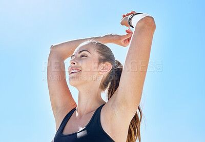 Buy stock photo Woman, happy, freedom and smile outdoor after workout while feeling healthy, positive mindset or calm with blue sky background. Young female with happiness, smiling or energy after exercise in nature