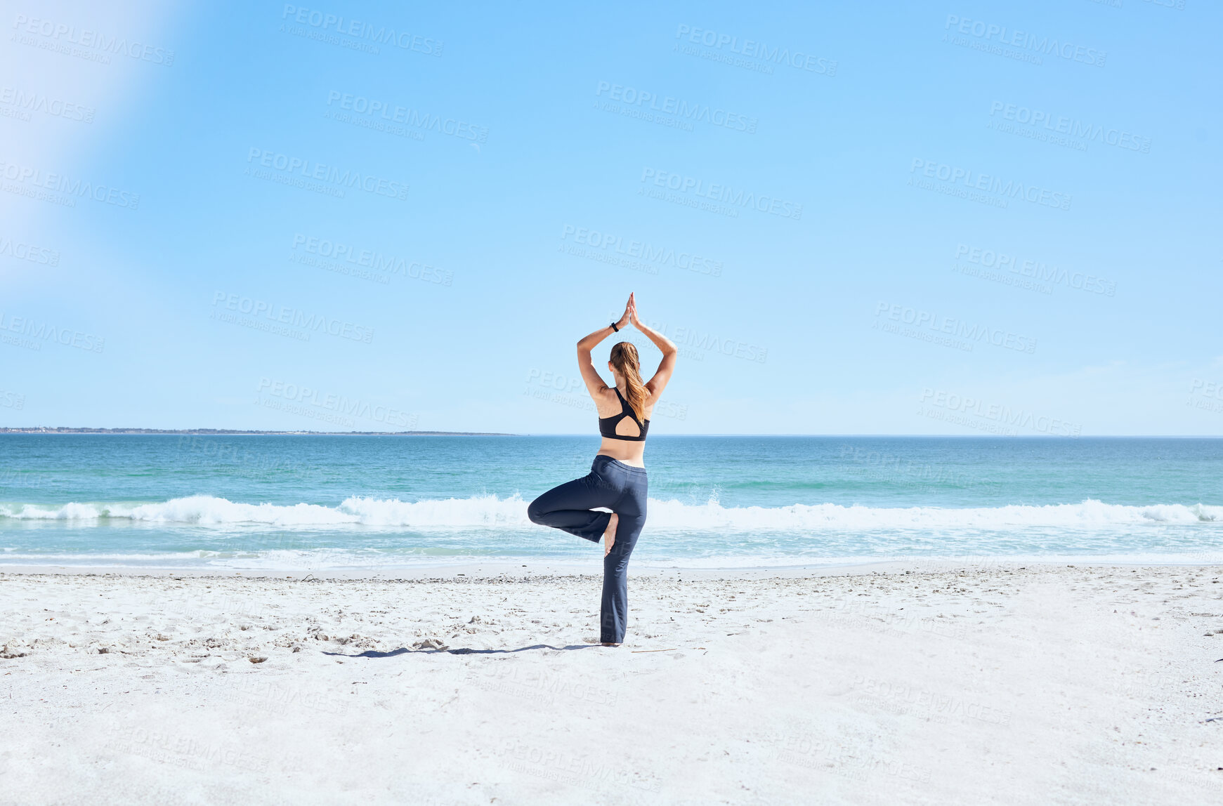 Buy stock photo Yoga, woman and at beach on sand, meditation and relax for wellness, calm and peace. Zen, female and lady with balance, exercise and pilates for training, fitness or breathing on seaside and outdoor.