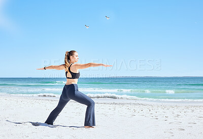 Buy stock photo Woman on beach, yoga and pilates exercise by the ocean in summer sun for health fitness, flexibility and vitality. Zen stretching, workout on sea sand and self care training for mental health balance