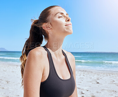 Buy stock photo Meditation, relax and woman with peace at beach, breathing and doing yoga for freedom. Health, wellness and calm girl training her mind with a spiritual exercise for faith in the morning by the sea