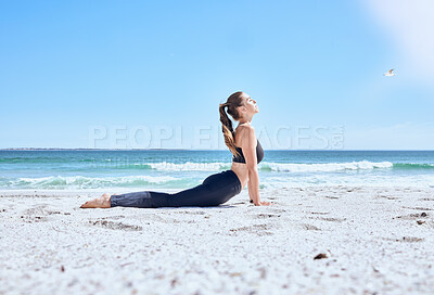 Buy stock photo Zen yoga, woman and stretching on beach for healthy, relax or meditation. Fitness balance exercise, chakra training and pilates mindset for wellness freedom on ocean sand with nature, calm or workout