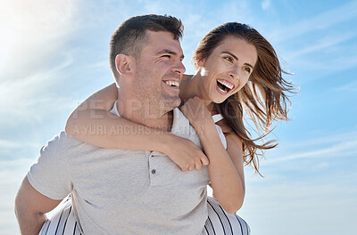Buy stock photo Love, beach and piggy back couple smile with blue sky on romantic summer holiday at ocean. Romance, man and woman have fun at sea for honeymoon, vacation time for happy couple together in Australia.