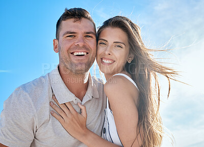 Buy stock photo Happy couple, love and travel on a summer vacation on a blue sky for freedom, energy and fun for a healthy marriage. Portrait of a man and woman outdoor with a smile, commitment and fun on holiday
