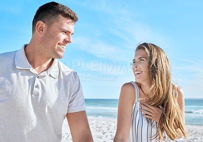 Buy stock photo Love, beach relax and couple on vacation, holiday or summer trip. Romance, travel and man and woman talking, having fun and enjoying quality time together outdoors on sandy seashore or ocean coast.
