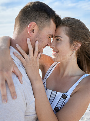 Buy stock photo Love, face and couple hug being happy, smile or quality time for vacation, romance or bonding together for holiday. Romantic, man and woman in relationship, date or loving with embrace content or joy
