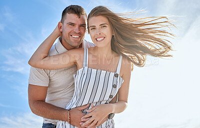 Buy stock photo Love, blue sky and portrait of couple hug on romantic outdoor date for fun, bonding or vacation freedom. Support trust, peace and marriage partnership of man and woman on Toronto Canada honeymoon