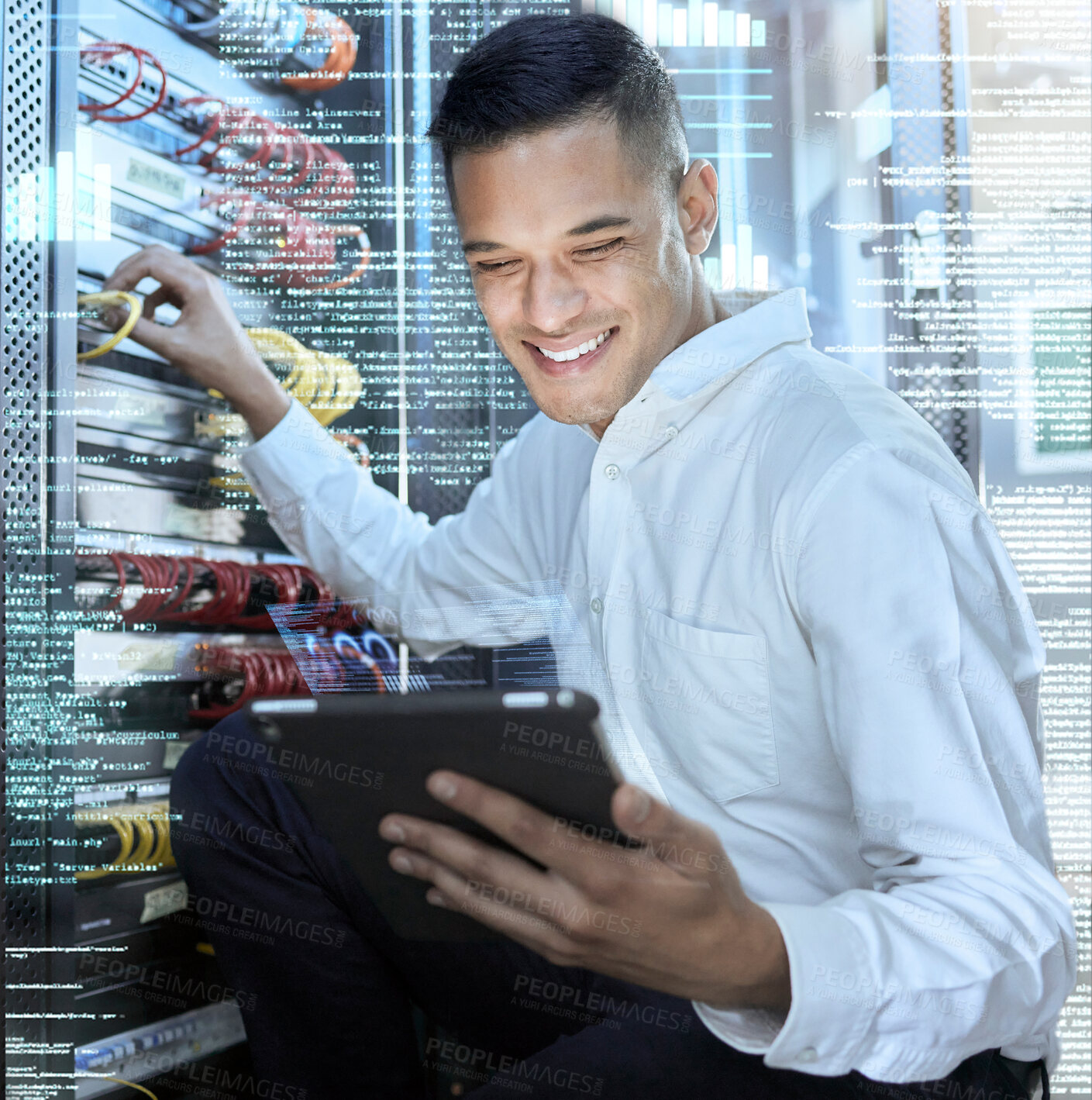 Buy stock photo Server room, tablet and programmer man, engineering code and technology for programming, cloud computing and cybersecurity. Digital future, IT technician and digital network in data center connection