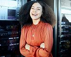 Black woman, happy and portrait of server engineer in workspace for maintenance, cybersecurity and database. Professional it employee at company data center for evaluation, check and test.


