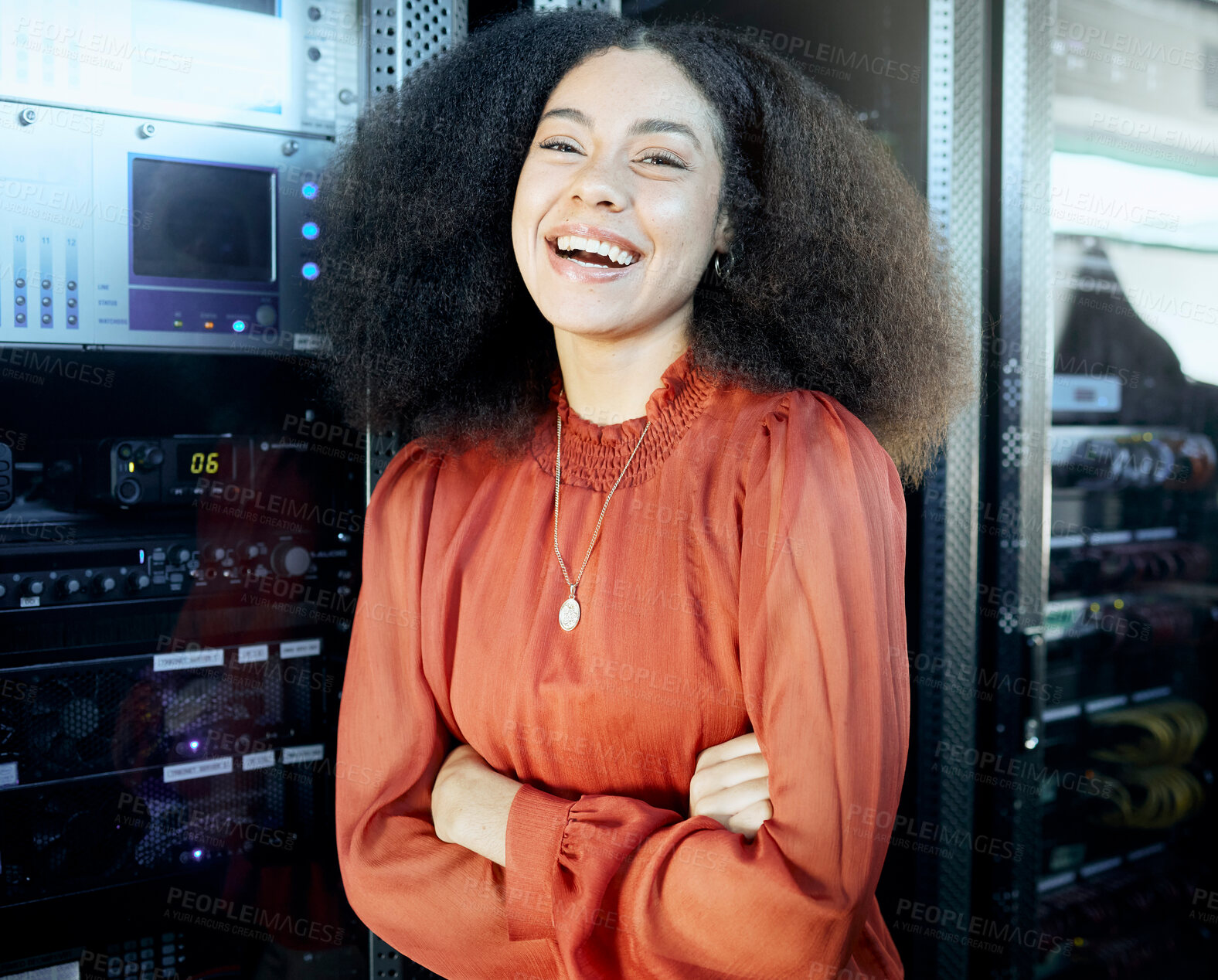 Buy stock photo Black woman, happy and portrait of server engineer in workspace for maintenance, cybersecurity and database. Professional it employee at company data center for evaluation, check and test.


