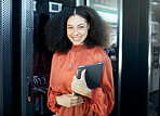 Technology, data and woman with tablet server room with smile in career for future internet innovation. Lady technician or engineer doing maintenance on cooling machine at server farm or data center.