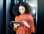 Information technology, programming and black woman with tablet in hand to check server. Technology, coding and female programmer doing analytics test on motherboard, cybersecurity and online network