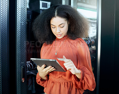 Buy stock photo Information technology, programming and black woman with tablet in hand to check server. Technology, coding and female programmer doing analytics test on motherboard, cybersecurity and online network