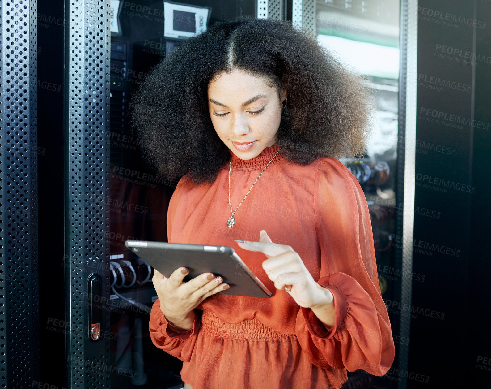 Buy stock photo Information technology, programming and black woman with tablet in hand to check server. Technology, coding and female programmer doing analytics test on motherboard, cybersecurity and online network