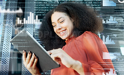 Buy stock photo Woman, tablet and futuristic online financial trading with internet connection. Blockchain, hologram and digital tablet with a female accountant using future technology for finance investment