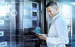 Server, tablet and digital with a man engineer working with hologram technology for programming or it security. Future, computer and innovation with a male research worker busy in a data center