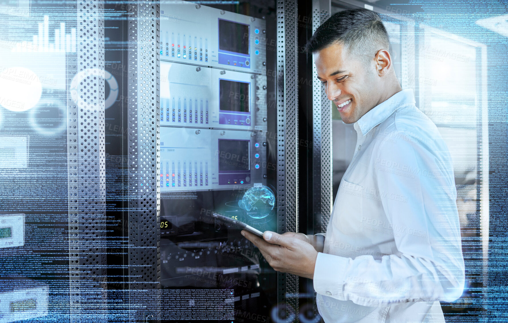 Buy stock photo Server, tablet and digital with a man engineer working with hologram technology for programming or it security. Future, computer and innovation with a male research worker busy in a data center