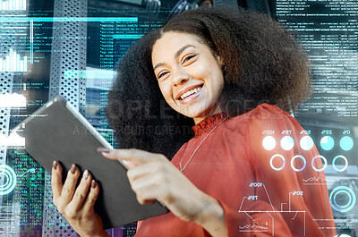 Buy stock photo Overlay, futuristic and business woman with tablet, for 3d, trading and analytics for fintech data or tech. Double exposure, information technology and ai on website dashboard with digital technology