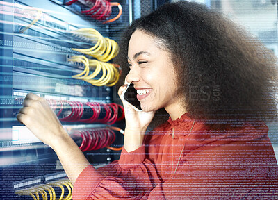 Buy stock photo Server, engineer and phone call in data center with futuristic overlay for cloud computing, maintenance and big data. Tech, cyber security and smartphone communication of black woman in it career.