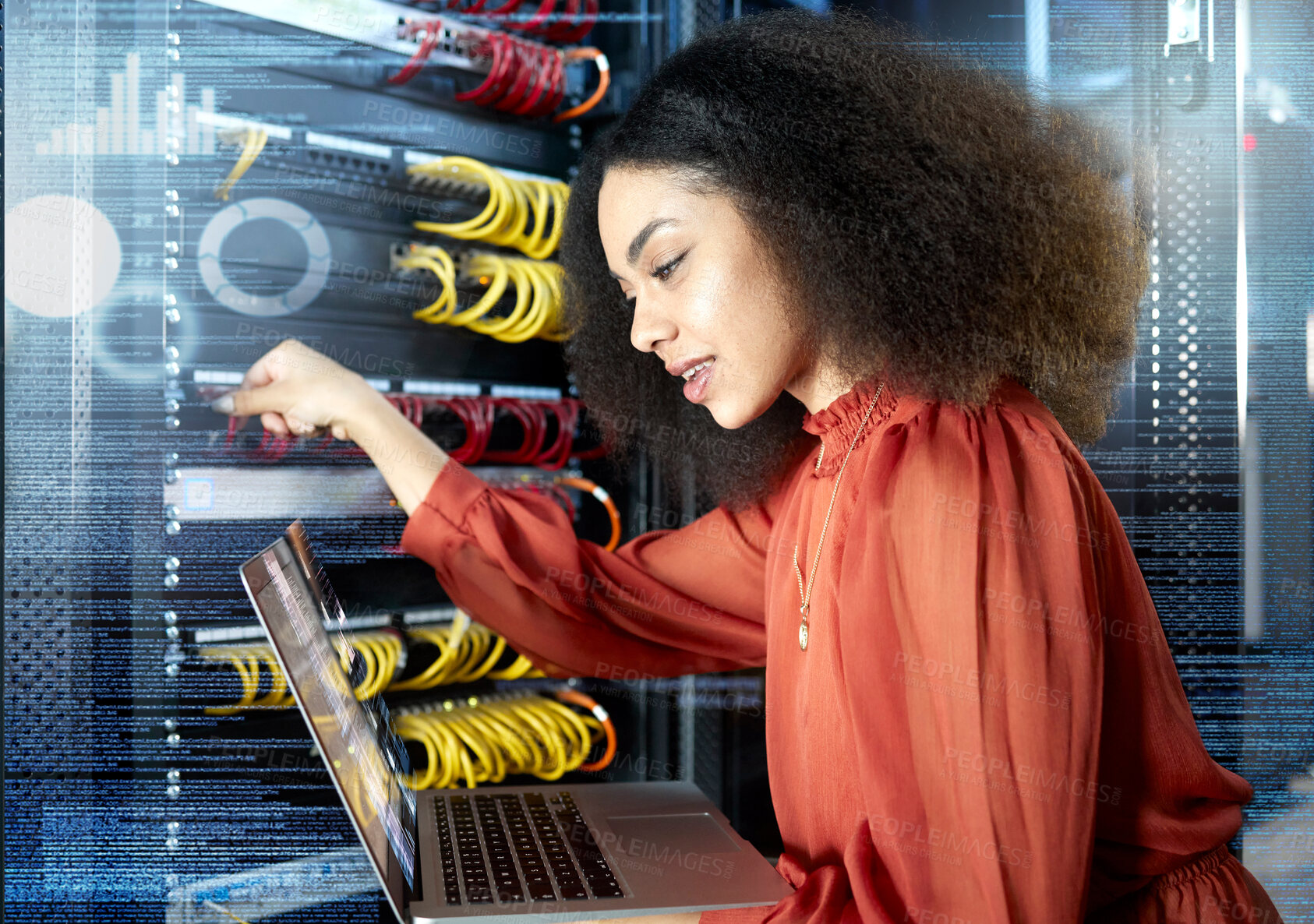 Buy stock photo Black woman, laptop and server with internet connection, check cyber security programming and coding information. IT specialist, female programmer and lady working on system admin or cloud computing 