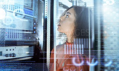 Buy stock photo Technology, information technology and black woman check server for error, internet connection and network. Future, cyber security and it technician work on computer database, coding and motherboard