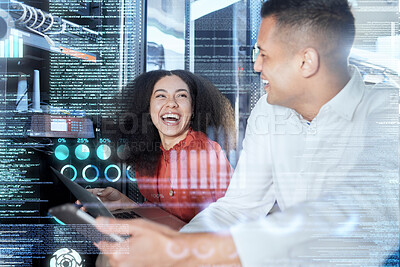 Buy stock photo Server, team and tech for hologram repair with a man and woman in a networking server room. Cloud, programmer and cloud computing of engineers using tablet and laptop to fix developer database