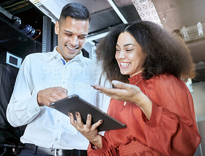 Buy stock photo Tablet, teamwork or happy business people in server room for success cybersecurity, networking or analytics. Hacker, developer or programmer collaboration for software research, coding or media app