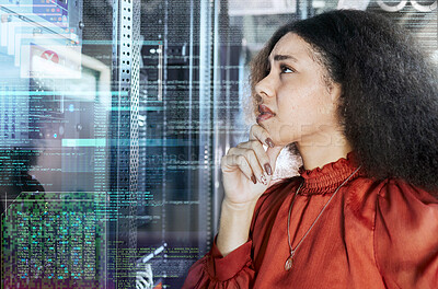 Buy stock photo Black woman, web technology and code on hologram in ux design and cybersecurity glitch or crypto software. Digital coding error and blockchain 404 cloud computing and iot data developer