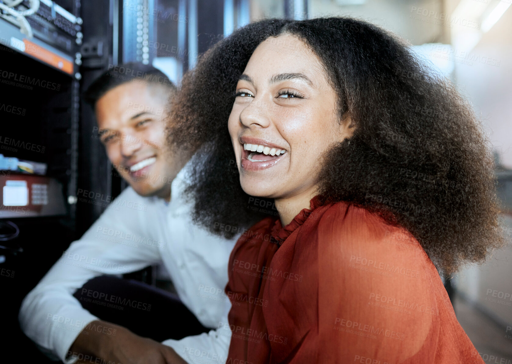 Buy stock photo Portrait, black woman and information technology, server and happy worker, funny conversation and teamwork in IT. Computer engineer, woman and man working of hardware upgrade, maintenance and ai tech