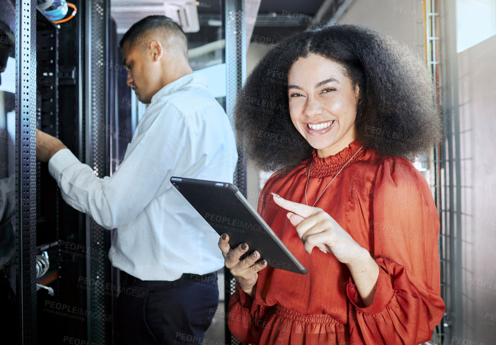 Buy stock photo Tablet, tech and team working in a server room to repair a technical networking box in the office. Technology, collaboration and portrait of engineers repairing cloud computing database in workplace.