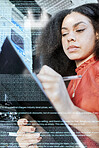 Server, information technology and woman writing on clipboard for analysis of motherboard. Programming, coding text and black woman IT engineer checking database, cyber network and digital software